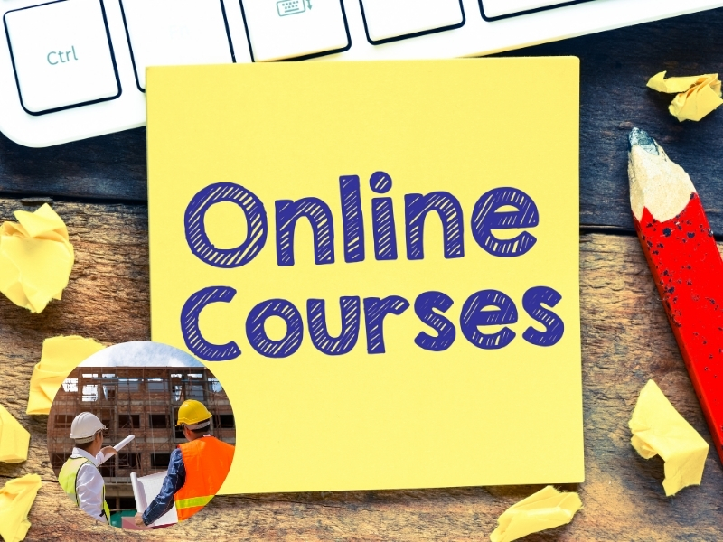 A yellow sticky note with "Online Courses" written on it, next to a keyboard with the "Ctrl" key visible. The note is partially covering an image of two construction workers. This suggests an online white card course for construction safety.