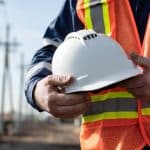 A construction worker in a blue long-sleeved shirt and an orange and yellow high-visibility vest holds a white hard hat in their hands, with a blurred background showing utility poles and a clear sky, prompting the question of **how long to get white card**.